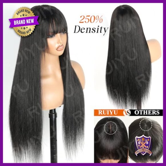 250 Density HD Lace Front Wig with Bangs, Glueless Brazilian Human Hair 22 Inch
